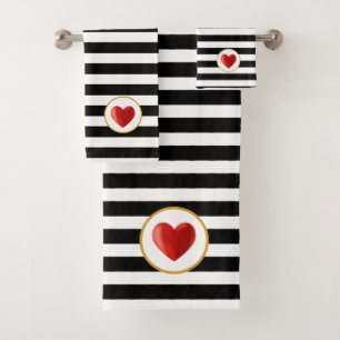 Heart on  Black & White Striped Bath Towel Set