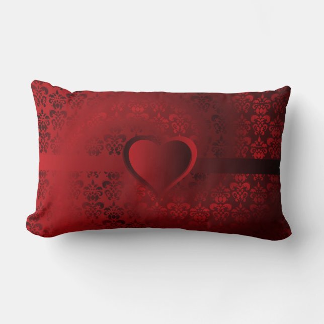 Heart on red damask lumbar cushion (Front)