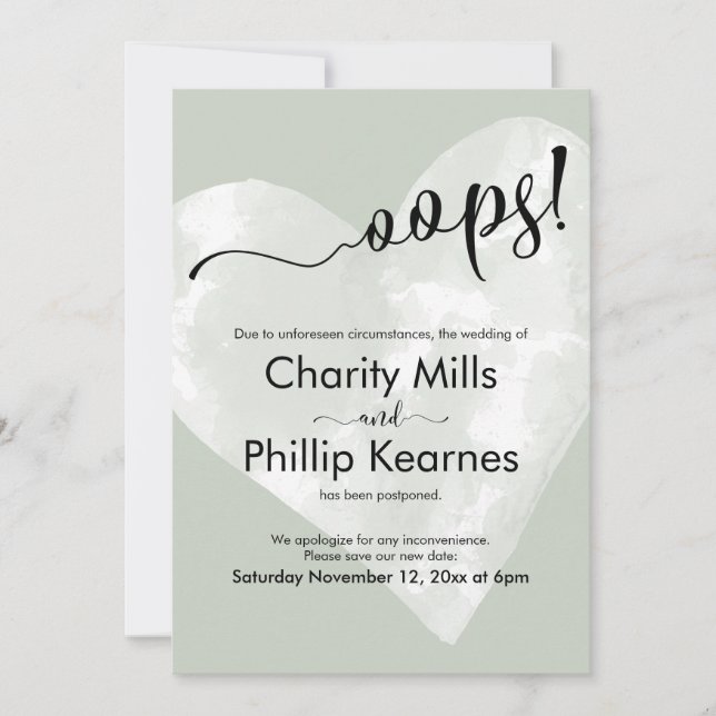 Heart on Sage Green Oops! Postponed Wedding Card (Front)