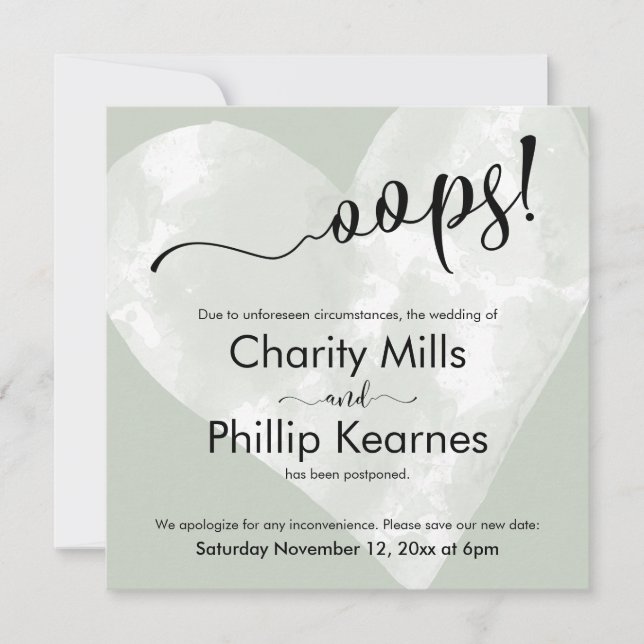 Heart on Sage Green Oops! Postponed Wedding Card (Front)