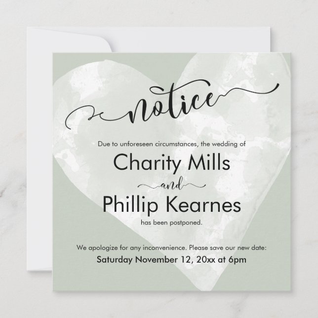 Heart on Sage Green Postponed Wedding Notice Card (Front)