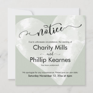Heart on Sage Green Postponed Wedding Notice Card