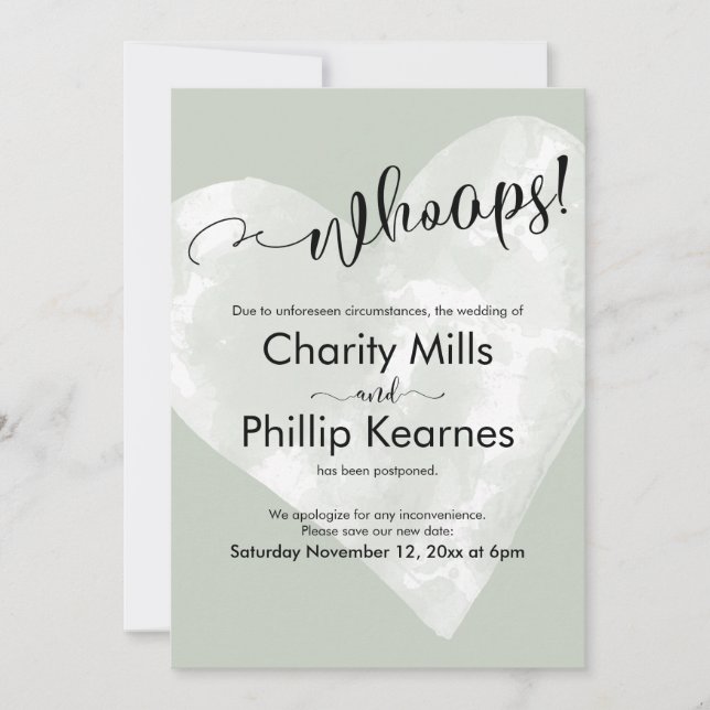 Heart on Sage Green Whoops! Postponed Wedding Card (Front)
