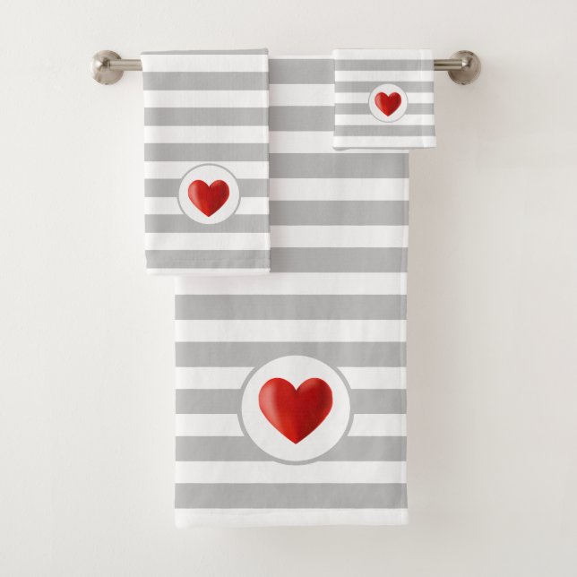 Heart on Silver Grey & White Striped Bath Towel Set (Insitu)