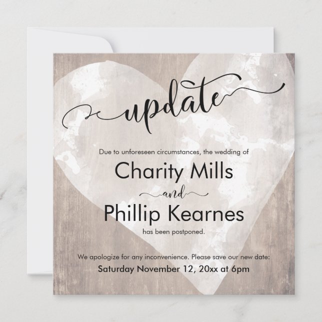 Heart on Wood Postponed Wedding Update Card (Front)