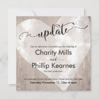 Heart on Wood Postponed Wedding Update Card