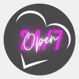 HEART OPEN 24/7 CLASSIC ROUND STICKER