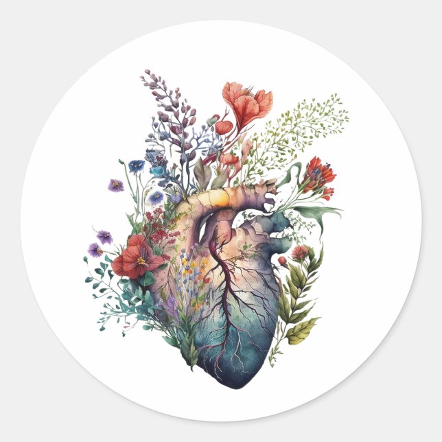 Heart overgrown with florals (cutout) - anatomy  classic round sticker (Front)