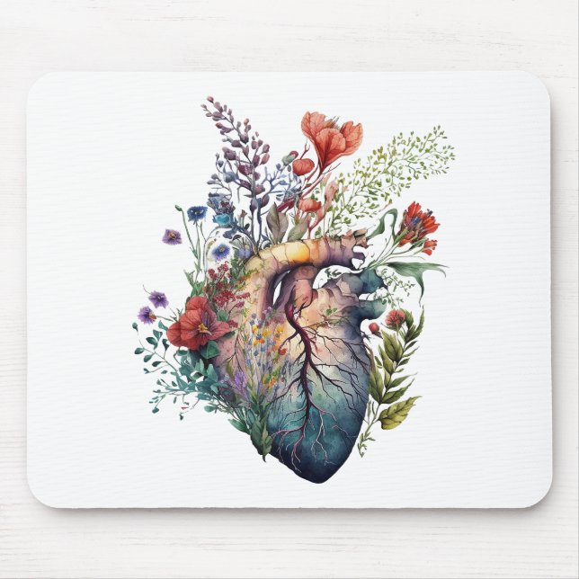 Heart overgrown with florals (cutout) - anatomy  mouse pad (Front)
