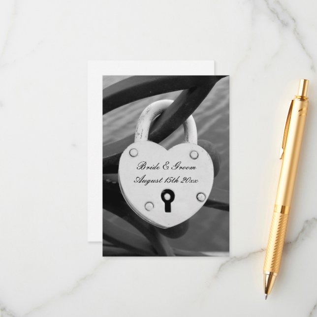 Heart padlock photo with keyhole vertical wedding enclosure card (Front/Back In Situ)