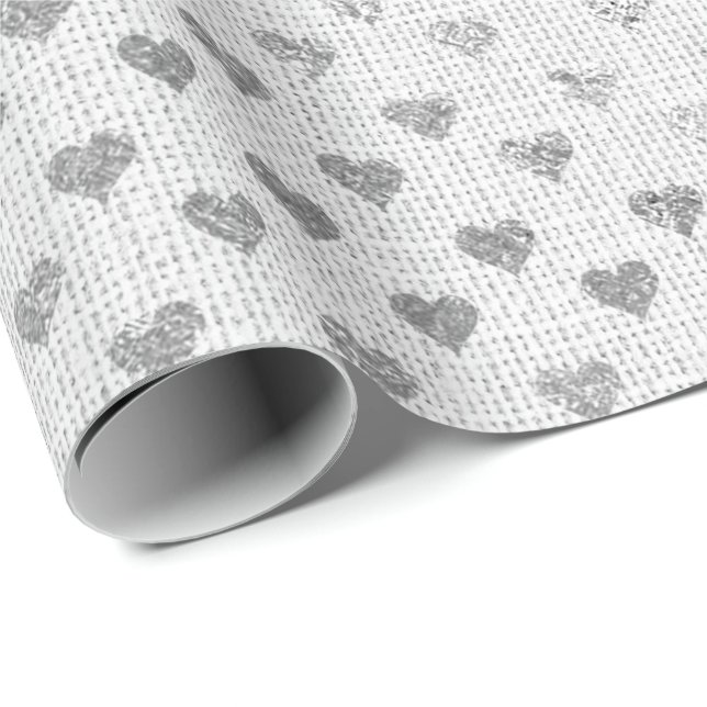 Heart Pastel Silver Grey Bright White Bridal Linen Wrapping Paper (Roll Corner)
