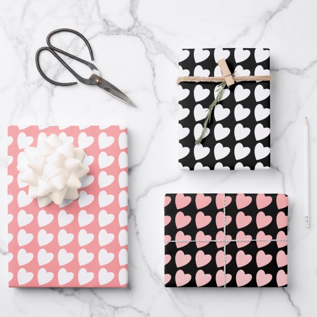 Heart Pattern in Black, White and Pink Wrapping Paper Sheet (Front)