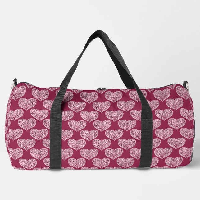 Heart pattern in Burgundy Large Duffel Bag (Front)