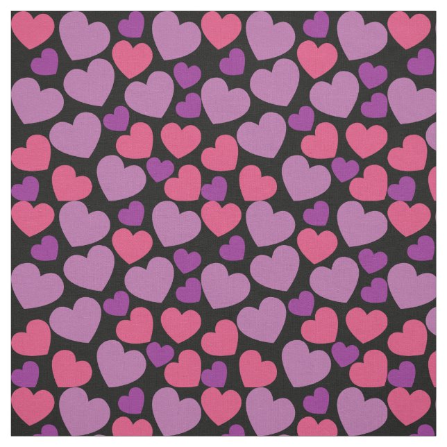 Heart Pattern in Pink and Purple on Black Fabric (Swatch)