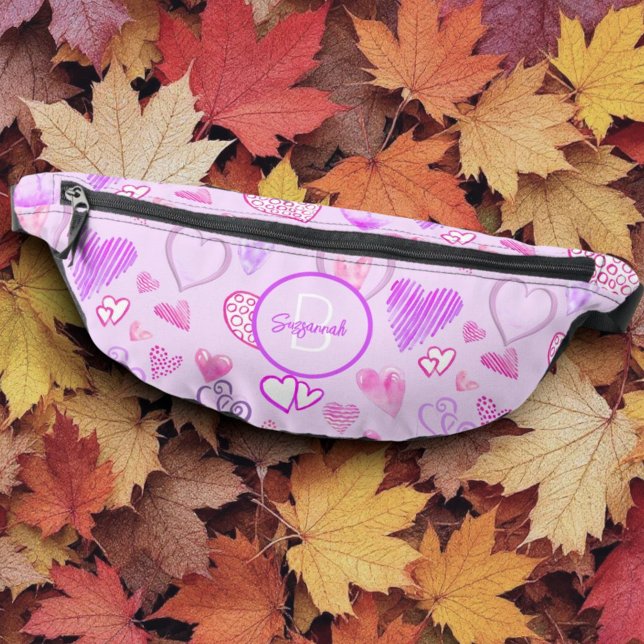 Heart Pattern on Pastel Purple Initial Monogram Bum Bags (template name & monogram initial fanny pack front)