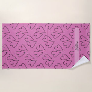 Heart pattern on pink with custom name beach towel