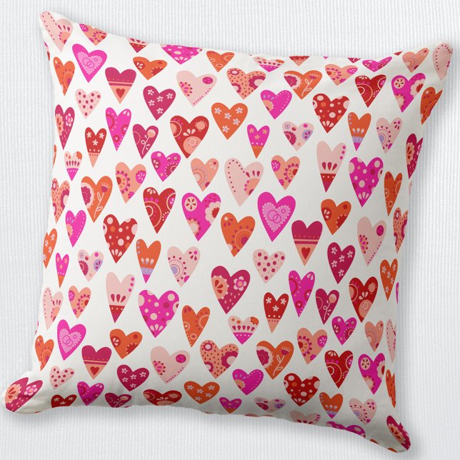Heart Pattern Red Pink Modern Cushion (Scandinavian heart pattern red pink and white throw pillow)