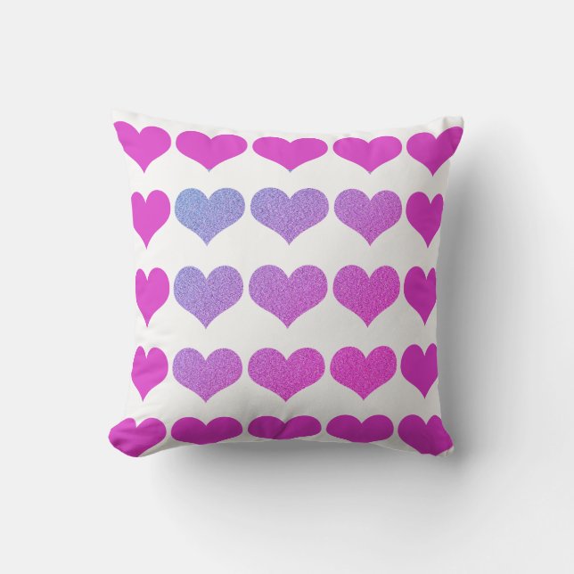 Heart Patterns Pink Purple Glitter Ombre Pretty Cushion (Front)