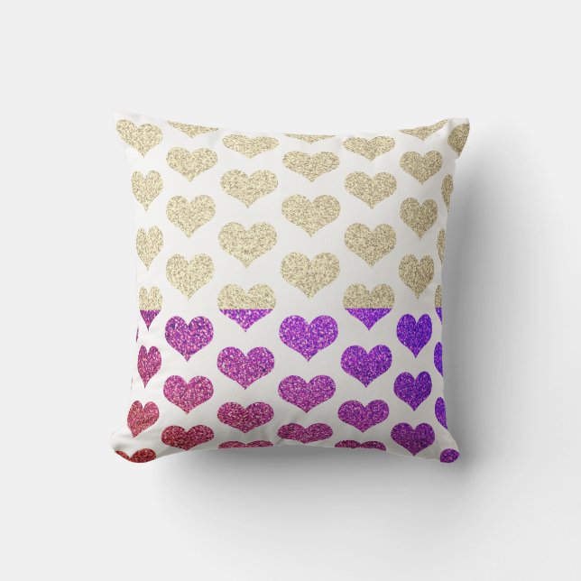 Heart Patterns Pink Purple Gold Glittery Ombre Cushion (Front)