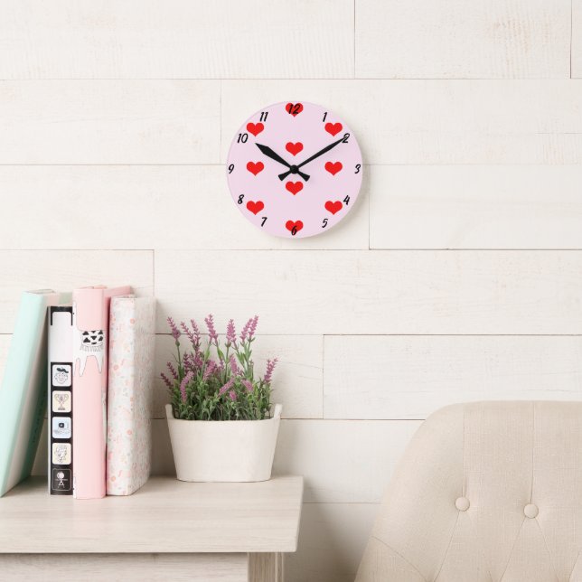 Heart Patterns Red Cute Custom Pink Valentines Day Round Clock (Reading Room)