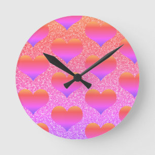 Heart Patterns Valentine's Rose Gold Glittery Cute Round Clock