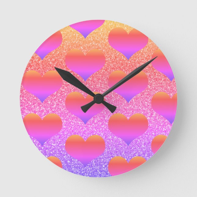 Heart Patterns Valentine's Rose Gold Glittery Cute Round Clock (Front)