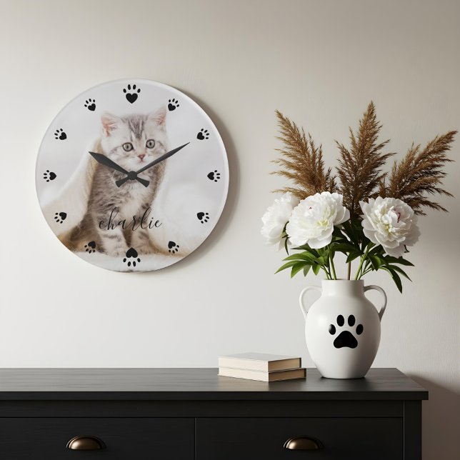 Heart Paw Prints Personalised Full Photo & Name Large Clock (Heart Paw Prints Personalized Full Photo & Name Large Clock)