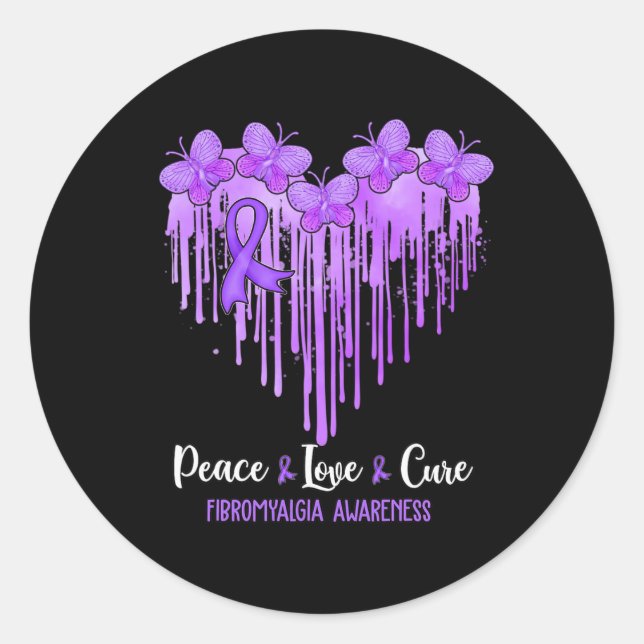 Heart Peace Love Cure Fibromyalgia Awareness  Classic Round Sticker (Front)