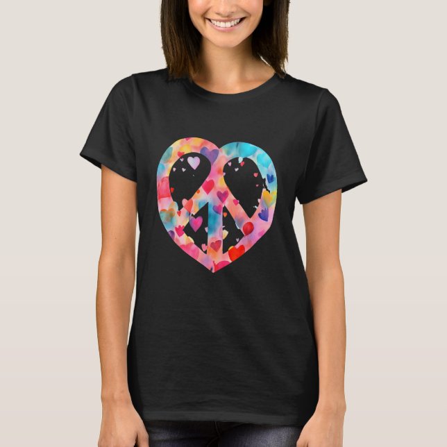 Heart Peace Sign World Love Flowers Hippie Groovy  T-Shirt (Front)
