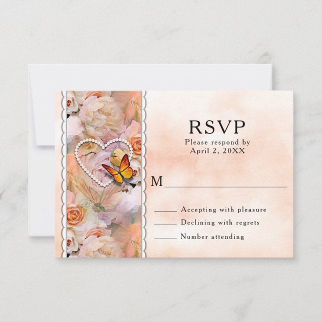 Heart Pearls, Orange Roses & Butterflies Wedding RSVP Card (Front)