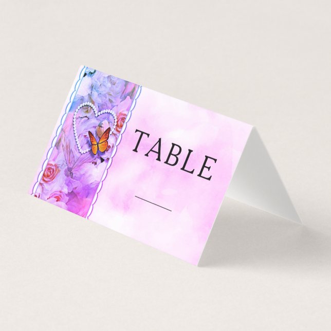 Heart Pearls Pink Floral Butterfly Table Numbers (Front)