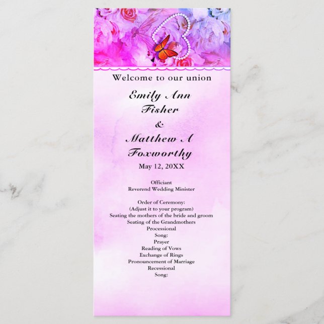 Heart Pearls Pink Floral Butterfly Wedding Program (Front)