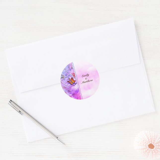 Heart Pearls Pink Roses Butterflies Floral Classic Round Sticker (Envelope)