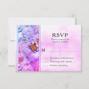 Heart Pearls, Pink Roses & Butterflies Wedding RSVP Card