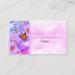 Heart Pearls Pink Roses Floral Butterflies Place Card