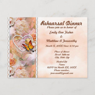 Heart Pearls, Roses & Butterflies Rehearsal Dinner Invitation Postcard