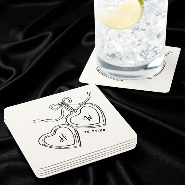 Heart Pendant Wedding Monogram Square Paper Coaster (Creator Uploaded)