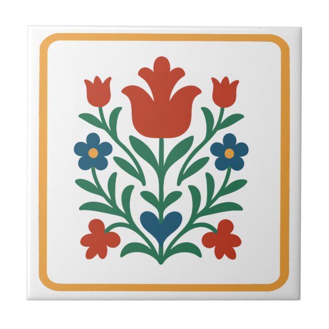 Heart & Petal Floral Folk Art  Ceramic Tile (Front)