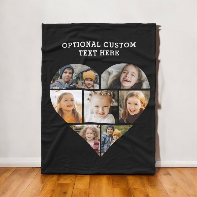 Heart Photo Collage 7 Picture Personalised Black Fleece Blanket (Creator Uploaded)
