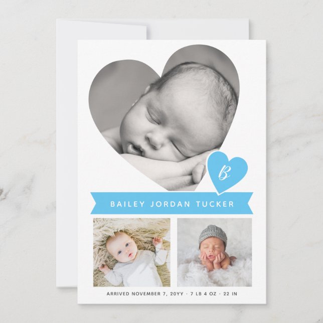 Heart Photo Collage Blue Gingham Baby Boy Birth Announcement (Front)