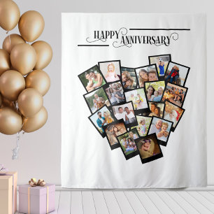 Heart Photo Collage Happy Anniversary Backdrop Tapestry
