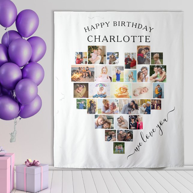 Heart Photo Collage Personalised Happy Birthday Tapestry (Creator Uploaded)