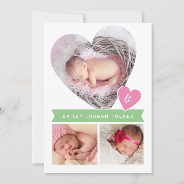 Heart Photo Collage Pink Green Baby Girl Birth Announcement (Front)