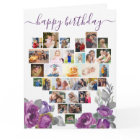 Heart Photo Collage Purple Floral Birthday Card