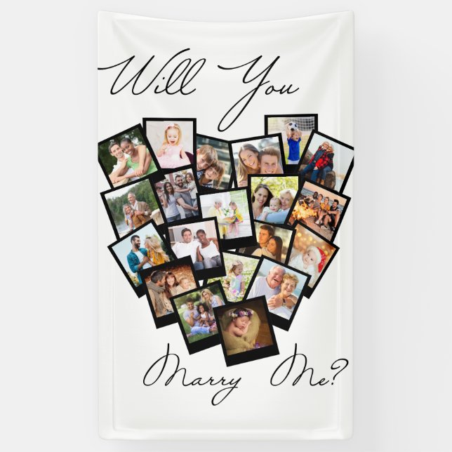 Heart Photo Collage Will You Marry Me Black White Banner (Vertical)