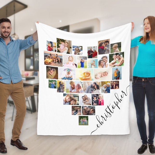 Heart Photo Collage with Script Name White Fleece Blanket (Creator Uploaded)