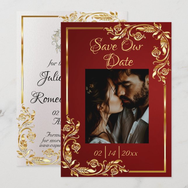 Heart, Photo & Gold Frame on Ruby Red Save The Date (Front/Back)