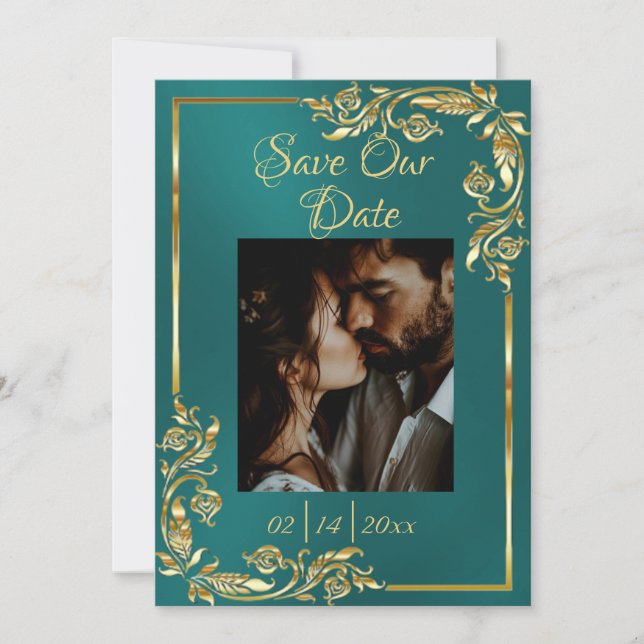 Heart, Photo & Gold Frame on Teal Save The Date (Front)