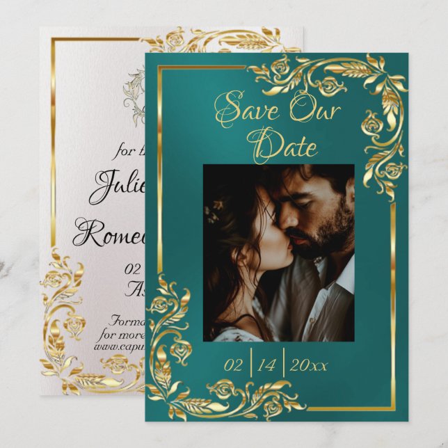 Heart, Photo & Gold Frame on Teal Save The Date (Front/Back)