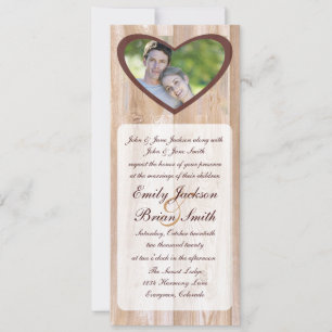 Heart photo insert rustic wood wedding invitations